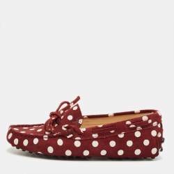 Pre Owned Tod's Burgundy/Pink Polka Dot Suede Driving Loafers Size 31