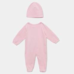 Pre Owned Versace Pink Logo Print Baby Sleepsuit With Cap