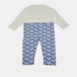 Versace Kids Blue La Greca Print Cotton Knit Jumpsuit 9-12 M