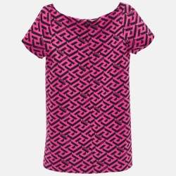 Versace Kids Pink La Greca Print Crepe Short Sleeve Dress 4 Yrs