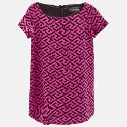 Versace Kids Pink La Greca Print Crepe Short Sleeve Dress 4 Yrs
