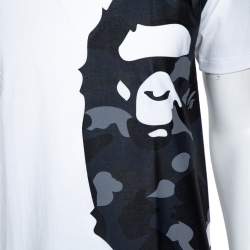 Pre Owned A Bathing Ape White & Navy Blue Cotton Camo Ape Print T Shirt M 