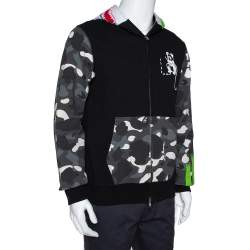 Pre Owned A Bathing Ape Black Knit Camo Panda Print Shark Detail Hoodie L