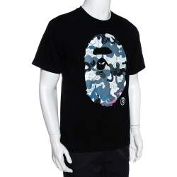 Pre Owned A Bathing Ape Black Graphic Print Crew Neck T Shirt L 