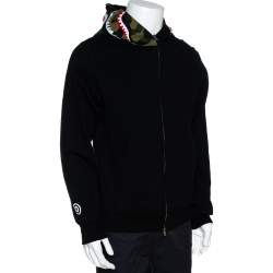 A Bathing Ape Black Cotton Knit Zip Front Shark Hoodie L 