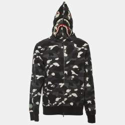 Pre Owned A Bathing Ape Black Camo Print Cotton Shark Head Detail Hooded Jacket XL