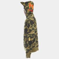 A Bathing Ape Military Green Camo Print Cotton Shark Head Hood Zip Front Jacket XL