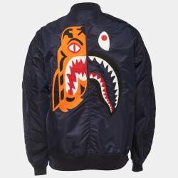 A Bathing Ape Navy Blue Nylon Split Shark & Tiger Patch Detailed Zip Front Bomber Jacket XL