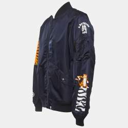 A Bathing Ape Navy Blue Nylon Split Shark & Tiger Patch Detailed Zip Front Bomber Jacket XL