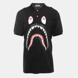 Pre Owned A Bathing Ape Black Shark Print Cotton Pique Polo T-Shirt XXL