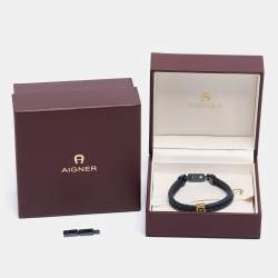 Pre Owned Aigner Navy Blue Leather Logo Cord Bracelet