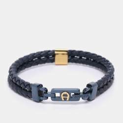 Pre Owned Aigner Navy Blue Leather Logo Cord Bracelet