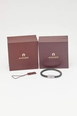 Pre Owned Aigner Leather Thread Silver Tone Bracelet