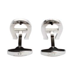 Pre Owned Aigner Black Enamel Silver Tone Logo Cufflinks