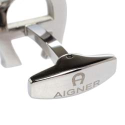 Pre Owned Aigner Black Enamel Silver Tone Logo Cufflinks