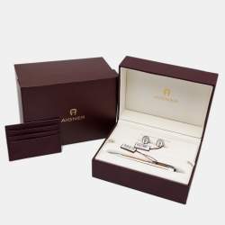 Pre Owned Aigner Two Tone Striped Ballpoint Pen, Cufflinks & Card Holder Set