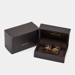 Pre Owned Aigner Tiger's Eye Mother of Pearl Two Tone Cufflinks