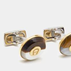 Pre Owned Aigner Tiger's Eye Mother of Pearl Two Tone Cufflinks