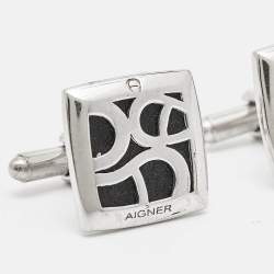 Aigner Logo Leather Silver Tone Cufflinks