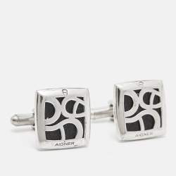 Aigner Logo Leather Silver Tone Cufflinks