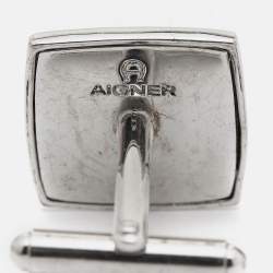 Aigner Logo Leather Silver Tone Cufflinks