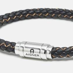 Pre Owned Aigner Braided Leather Silver Tone Bracelet
