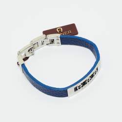 Pre Owned Aigner Logo Leather Gunmetal Tone Stainless Steel Bracelet
