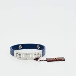Pre Owned Aigner Logo Leather Gunmetal Tone Stainless Steel Bracelet