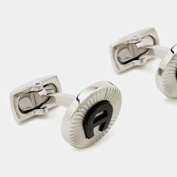 Pre Owned Aigner Logo Ceramic Silver Tone Cufflinks