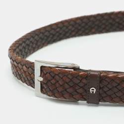 Pre Owned Aigner 110 cm Buckle Belt Brown Woven Leather