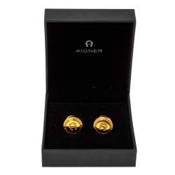 Pre Owned Aigner Logo Gold Tone Cufflinks