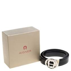Pre Owned Aigner Black Leather  Logo Buckle Belt 80CM