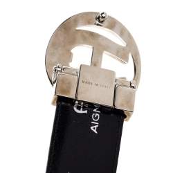 Pre Owned Aigner Black Leather  Logo Buckle Belt 80CM