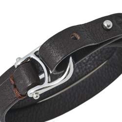 Pre Owned Aigner Dark Brown Leather Double Tour Logo Bracelet