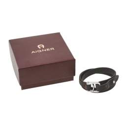 Pre Owned Aigner Dark Brown Leather Double Tour Logo Bracelet