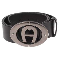 Pre Owned Aigner Black Leather Logo Buckle Belt 90CM