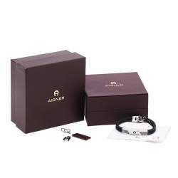 Pre Owned Aigner Brown Braided Leather Logo Bar Bracelet