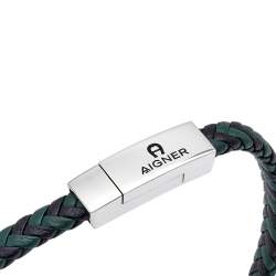 Pre Owned Aigner Green Braided Leather Silver Tone Clasp Bracelet 