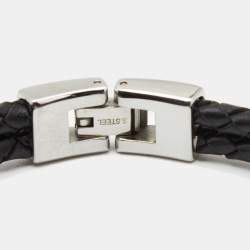 Pre Owned Aigner Stainless Steel Black Leather Bracelet 