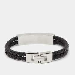 Pre Owned Aigner Stainless Steel Black Leather Bracelet 