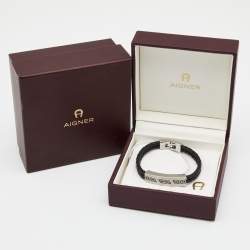 Pre Owned Aigner Stainless Steel Black Leather Bracelet 