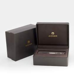 Pre Owned Aigner Silver Tone Black Resin Logo Engraved Ballpoint Pen