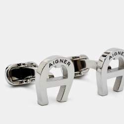 Pre Owned Aigner Silver Tone Logo Cufflinks