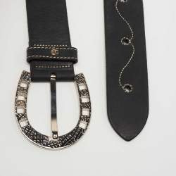 Pre Owned Aigner Black Leather Whipstitch Buckle Belt 85 CM