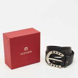 Pre Owned Aigner Black Leather Whipstitch Buckle Belt 85 CM