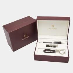 Pre Owned Aigner Black Resin Silver Tone Ballpoint Pen Money Clip Keychain Gift Set