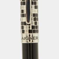 Pre Owned Aigner Leone Checkered Black Composite Silver Tone Ballpoint Pen