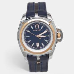 Aigner Blue Two Tone Stainless Steel Leather Lucca A18100 Men's Wristwatch 45 mm