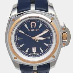 Aigner Blue Two Tone Stainless Steel Leather Lucca A18100 Men's Wristwatch 45 mm