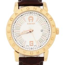 Aigner Silver Gold Plated Stainless Steel Leather Cortina A26000 Men's Wristwatch 42 mm
